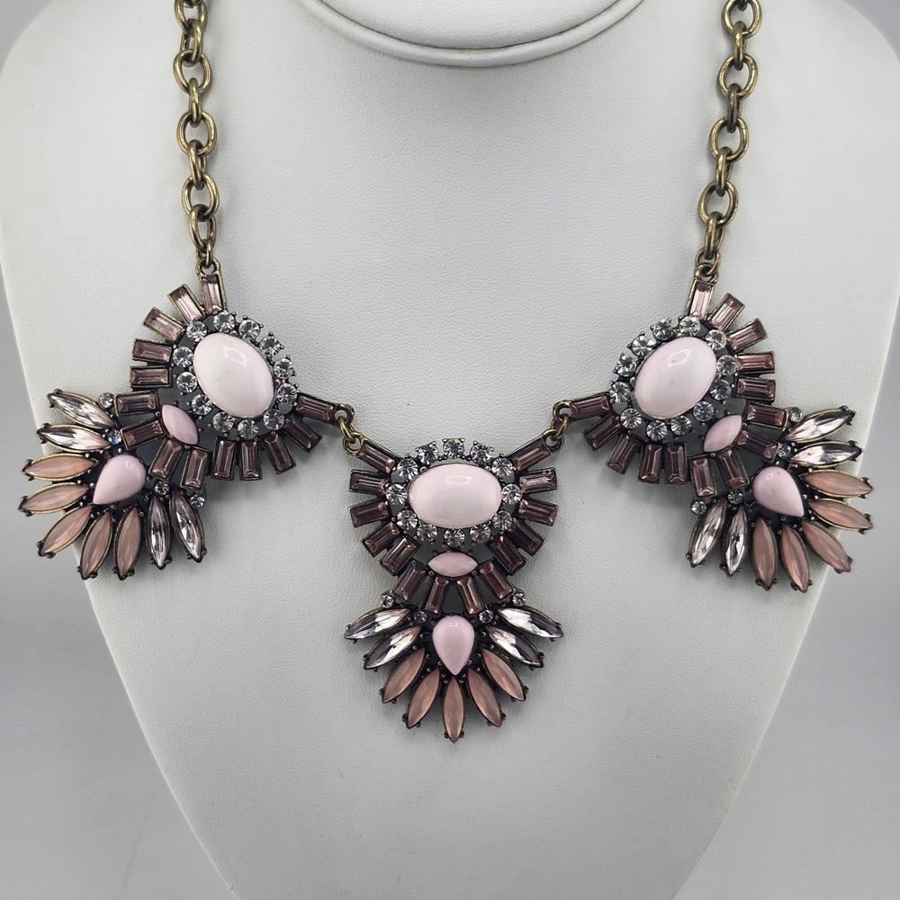 Vtg Antiqued GoldTone Pink Clear Rhinestone Choker Bib Necklace Chunky Estate L